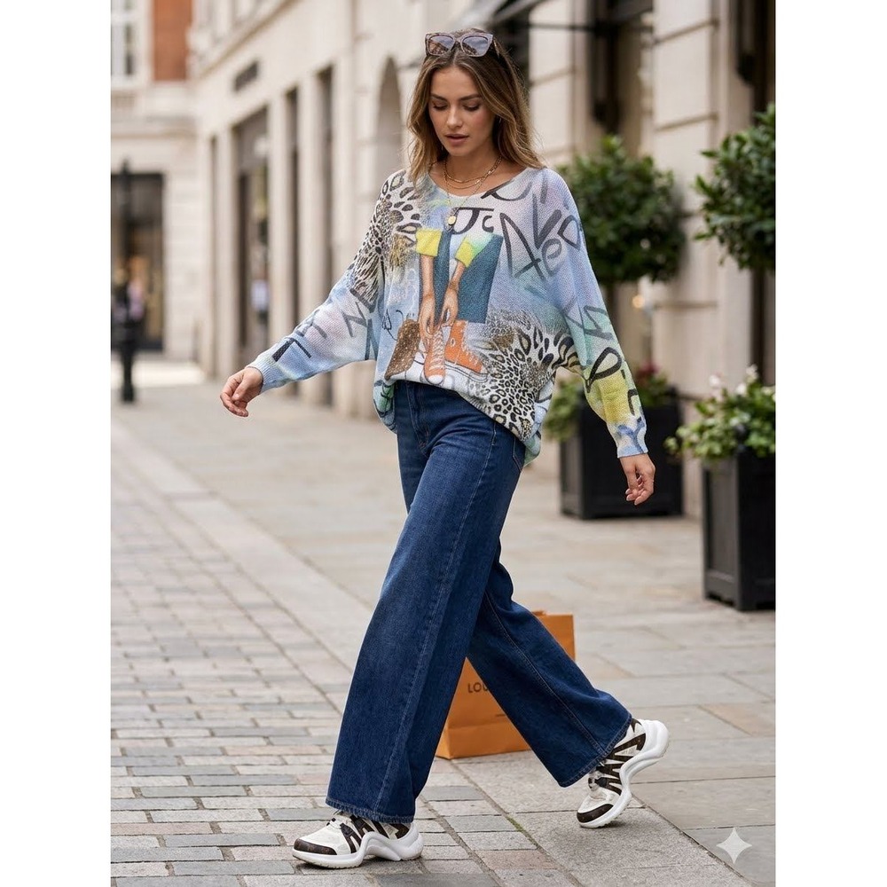 Gigi Moda Italy Graffiti Animal Print Knit Sweater Blue Multi CS52000 Womens OS